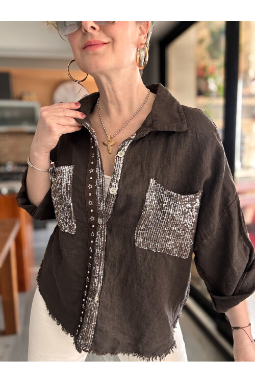 Marnis İtalyan Vip Pul Payet Detay Gömlek Ceket Kahve