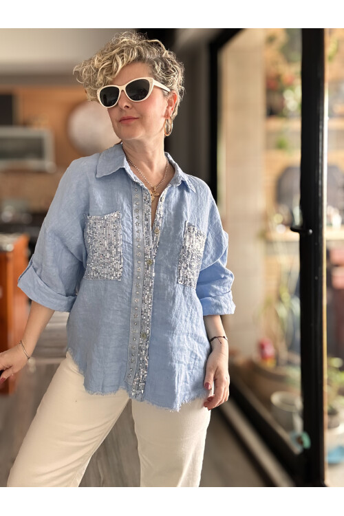 Marnis İtalyan Vip Pul Payet Detay Gömlek Ceket Mavi