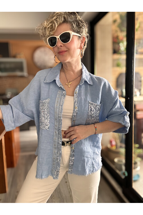 Marnis İtalyan Vip Pul Payet Detay Gömlek Ceket Mavi