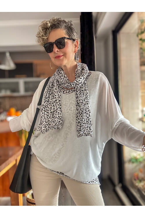 Meloni İtalyan Fularlı Atletli Bluz Triko Takım Beyaz