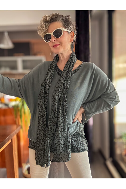 Meloni İtalyan Fularlı Atletli Bluz Triko Takım Gri