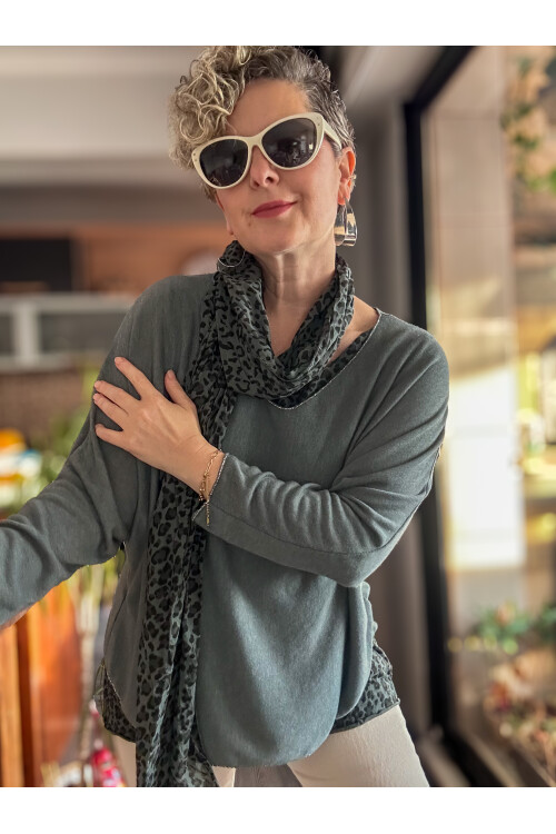 Meloni İtalyan Fularlı Atletli Bluz Triko Takım Gri