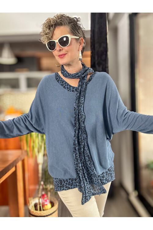 Meloni İtalyan Fularlı Atletli Bluz Triko Takım İndigo