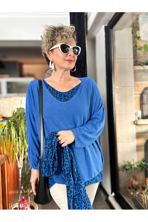 Meloni İtalyan Fularlı Atletli Bluz Triko Takım Saks Mavi