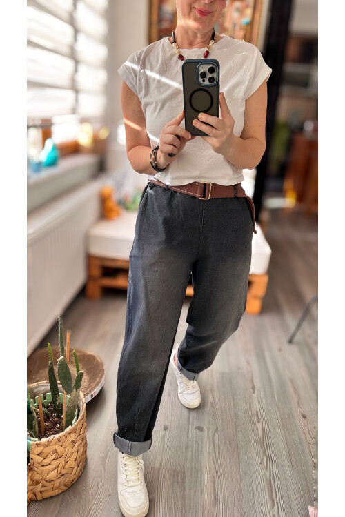 Merlo İtalyan Vip Likralı Kemerli Jean Pantolon Füme