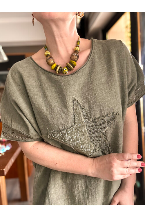 Mesa Yıldız Pul Detay Etek Ucu File Bluz Haki