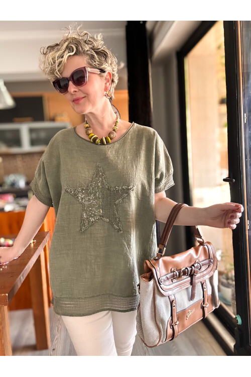 Mesa Yıldız Pul Detay Etek Ucu File Bluz Haki