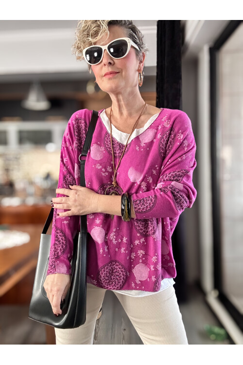 Mira Lotus Desen Kolyeli İtalyan Bluz Bery