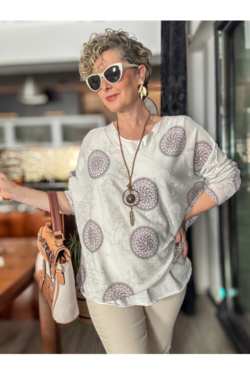 Mira Lotus Desen Kolyeli İtalyan Bluz Bianco