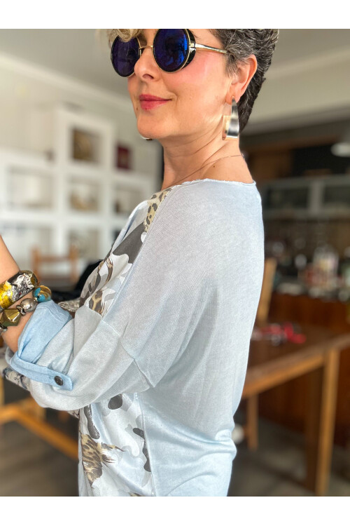 Miranda İtalyan Varak Baskı Kamuflaj Bluz Bebe Mavi