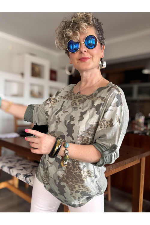 Miranda İtalyan Varak Baskı Kamuflaj Bluz Haki
