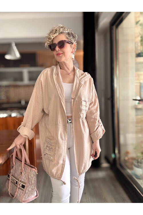 Mitti Cep Pul Payet Detay Kapşonlu Ceket Bej