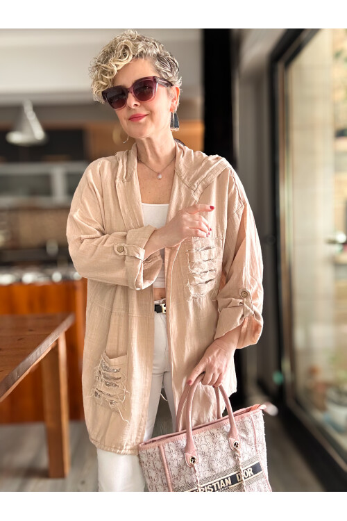 Mitti Cep Pul Payet Detay Kapşonlu Ceket Bej