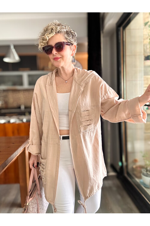 Mitti Cep Pul Payet Detay Kapşonlu Ceket Bej