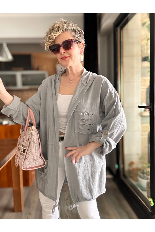 Mitti Cep Pul Payet Detay Kapşonlu Ceket Gri