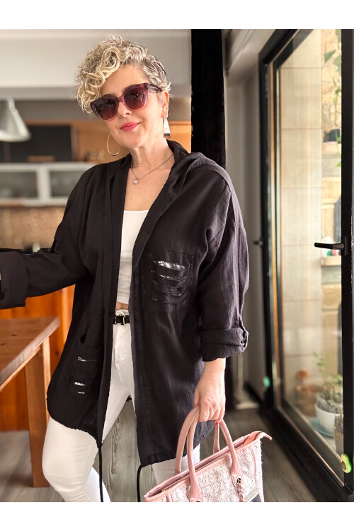 Mitti Cep Pul Payet Detay Kapşonlu Ceket Siyah