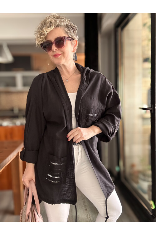 Mitti Cep Pul Payet Detay Kapşonlu Ceket Siyah