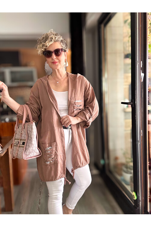 Mitti Cep Pul Payet Detay Kapşonlu Ceket Vizon