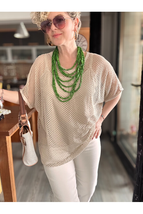 Motto İtalyan Fileli Atletli İkili Bluz Beige