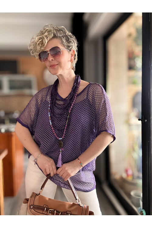 Motto İtalyan Fileli Atletli İkili Bluz Mor