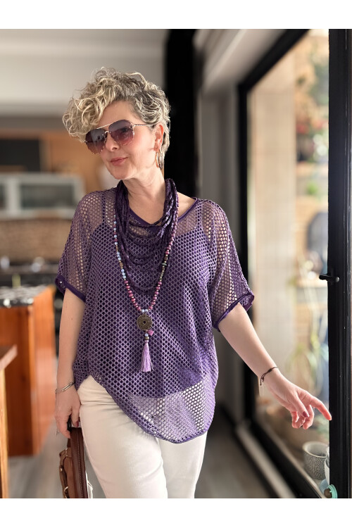 Motto İtalyan Fileli Atletli İkili Bluz Mor