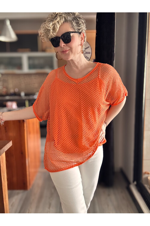 Motto İtalyan Fileli Atletli İkili Bluz Turuncu