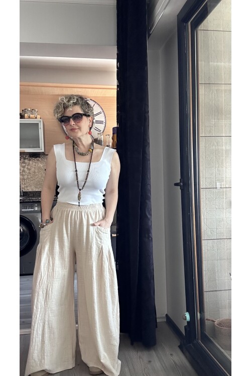 Munyi Cep Pileli Detay Pantolon Bej