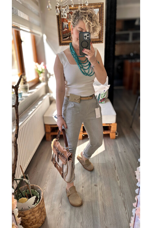 Nappa İtalyan Çanta Kemerli Sihirlli Pantolon Açık Gri