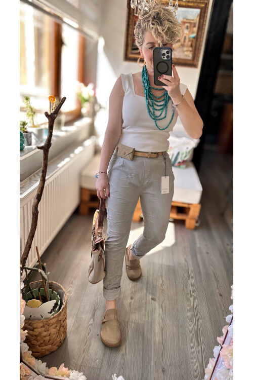 Nappa İtalyan Çanta Kemerli Sihirlli Pantolon Açık Gri