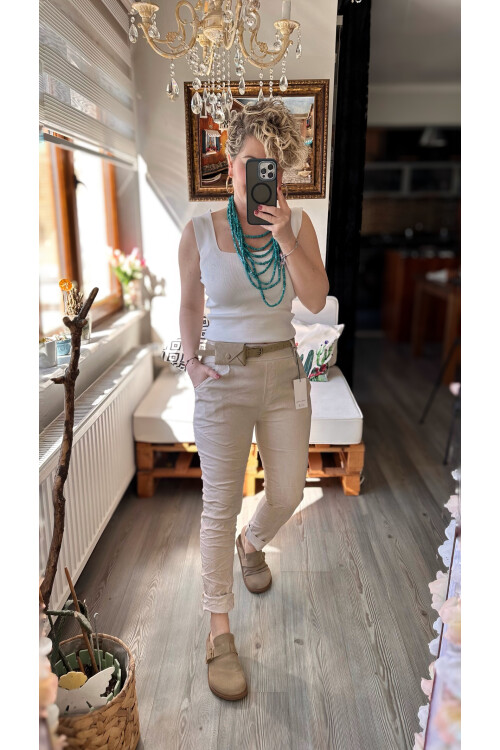 Nappa İtalyan Çanta Kemerli Sihirlli Pantolon Beige