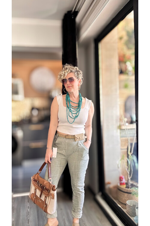 Nappa İtalyan Çanta Kemerli Sihirlli Pantolon Çağla