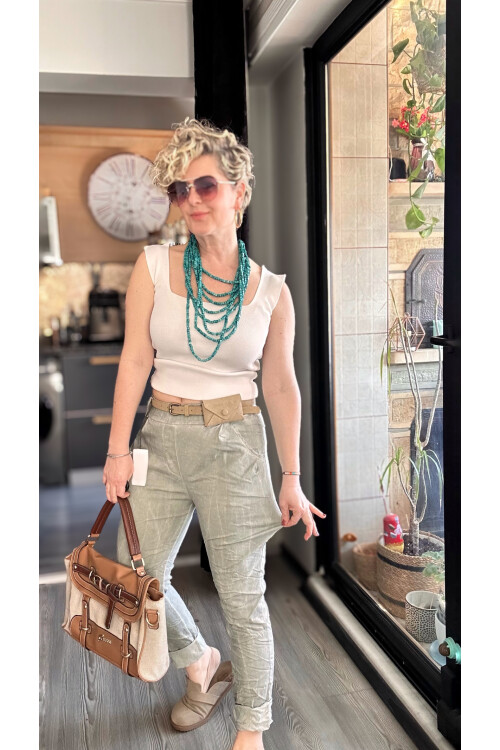 Nappa İtalyan Çanta Kemerli Sihirlli Pantolon Çağla