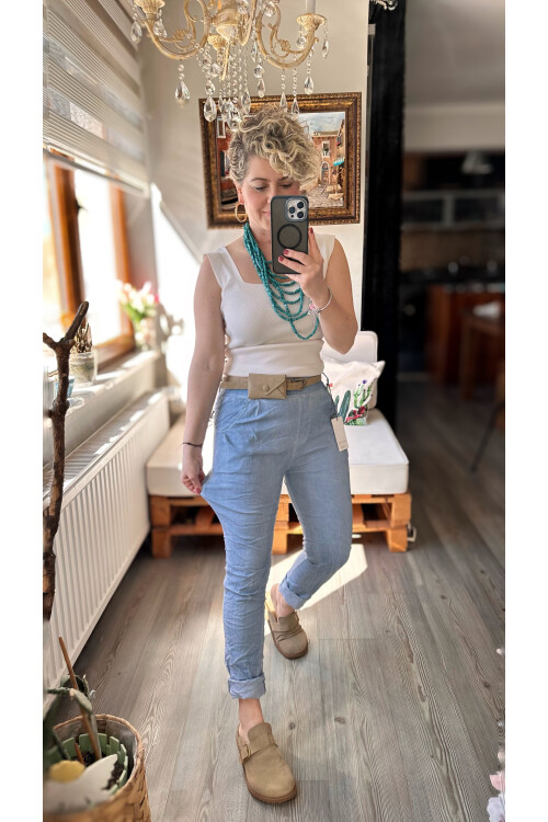 Nappa İtalyan Çanta Kemerli Sihirlli Pantolon Mavi