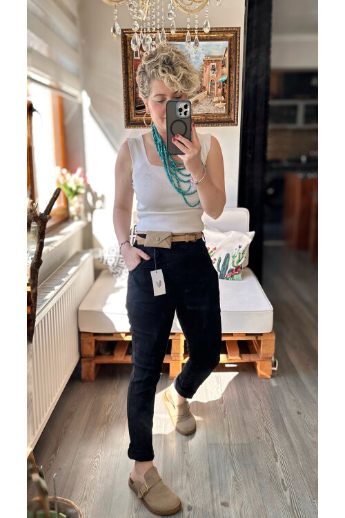 Nappa İtalyan Çanta Kemerli Sihirlli Pantolon Siyah