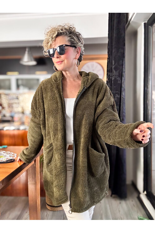 Nessa Kapşonlu Oversize Peluş Polar Hırka Haki