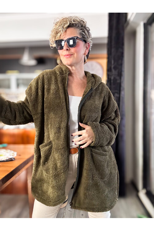 Nessa Kapşonlu Oversize Peluş Polar Hırka Haki