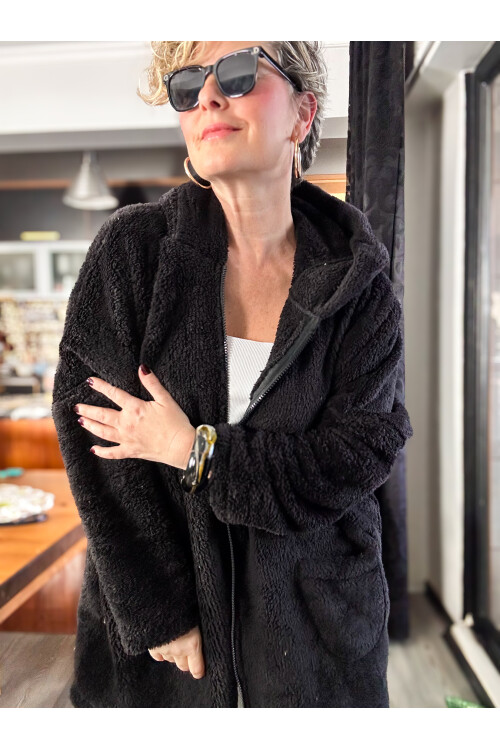 Nessa Kapşonlu Oversize Peluş Polar Hırka Siyah