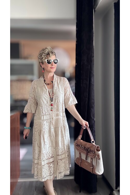 Nessi İtalyan Brode Gömlek Elbise Beige