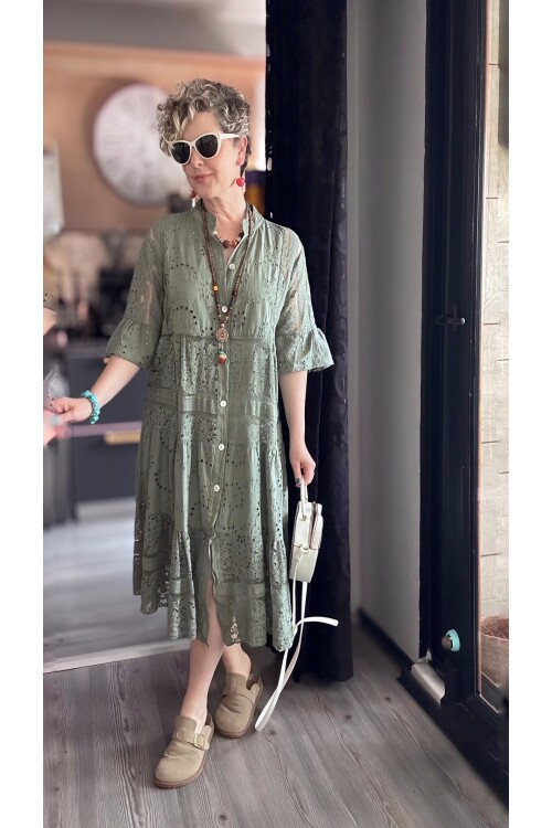Nessi İtalyan Brode Gömlek Elbise Haki Yeşil