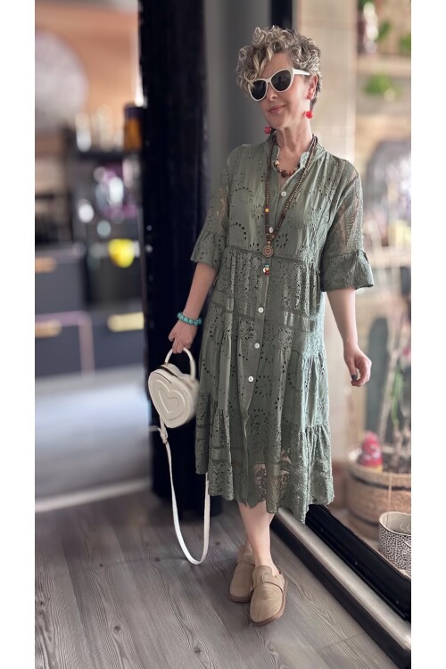 Nessi İtalyan Brode Gömlek Elbise Haki Yeşil