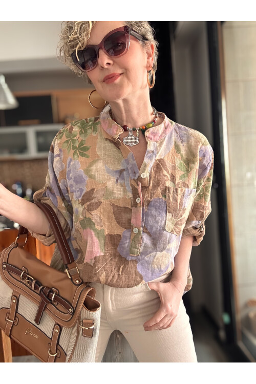 Netti Zambak Desen İtalyan Gömlek Beige