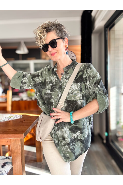 Noce Sarmal Batik Desen İtalyan Gömlek Haki Yeşil