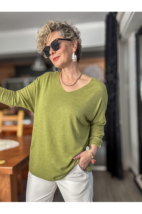 Nonna İthal V Yaka Tasarım Triko Fıstık Yeşil