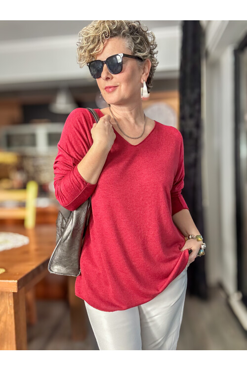 Nonna İthal V Yaka Tasarım Triko İndian Red