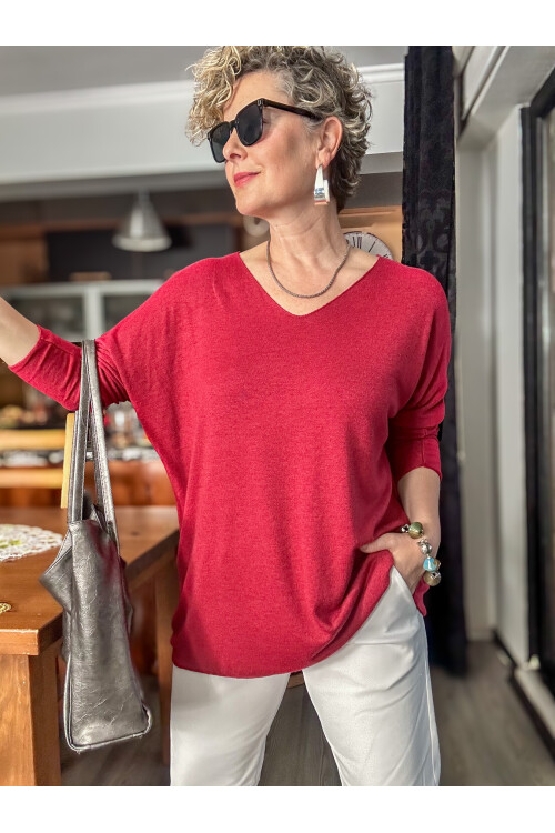 Nonna İthal V Yaka Tasarım Triko İndian Red