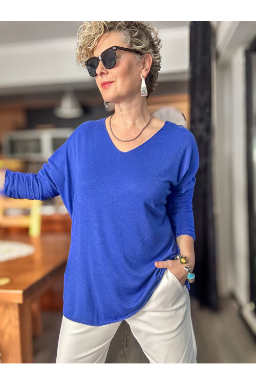 Nonna İthal V Yaka Tasarım Triko Saks Mavi