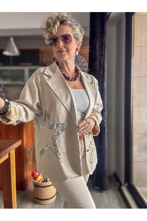 Odin İtalyan Yazı Varak Payet Detay Blazer Beige