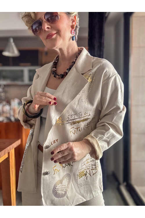Odin İtalyan Yazı Varak Payet Detay Blazer Beige