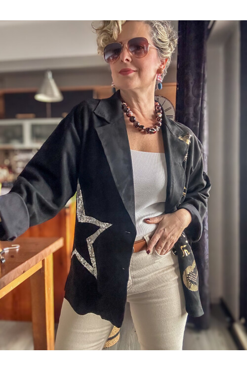 Odin İtalyan Yazı Varak Payet Detay Blazer Siyah