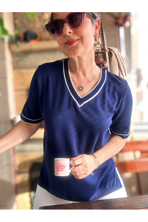 Orfe V Yaka Ve Kol Çizgili Triko Bluz Lacivert